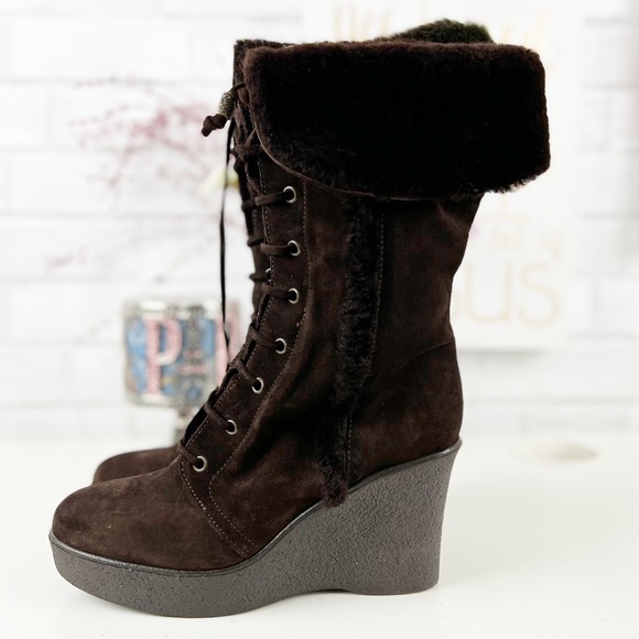 Via Spiga Brown Suede Lace Up Wedge Boots Size 7 1/2 - Picture 2 of 10